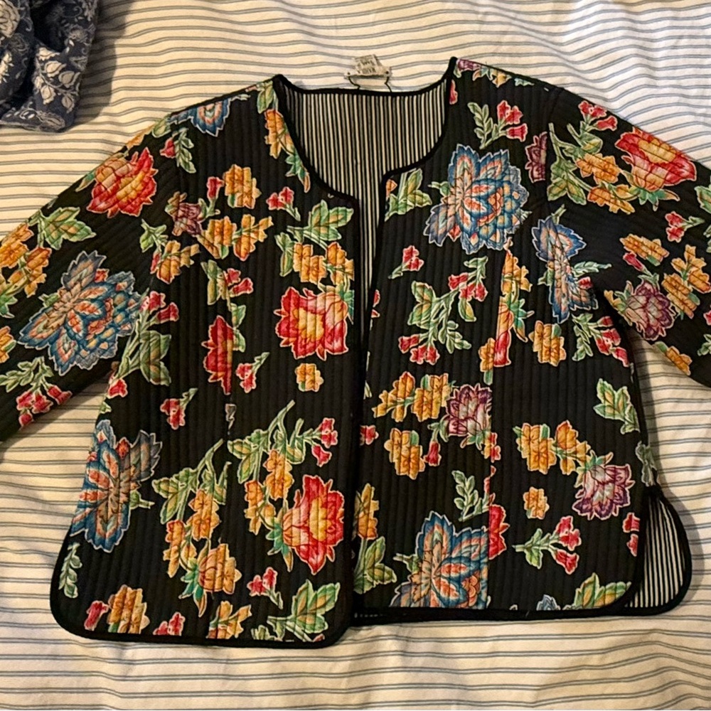 Floral Quilted Black Jacket with Multicolor Blooms
